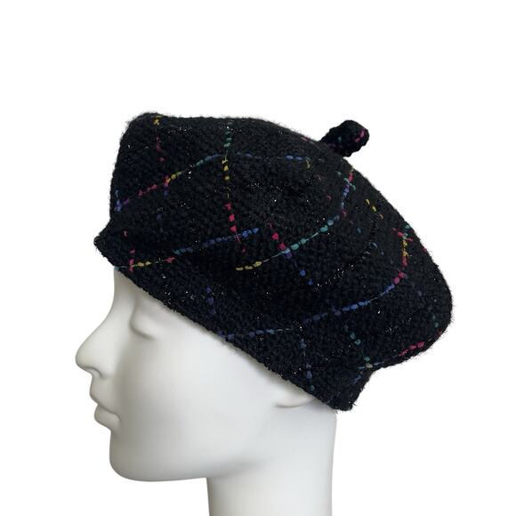 Misa Harada Millinery Tweed Beret Hat, colors, retro, two floral pins on side - Picture 4 of 11